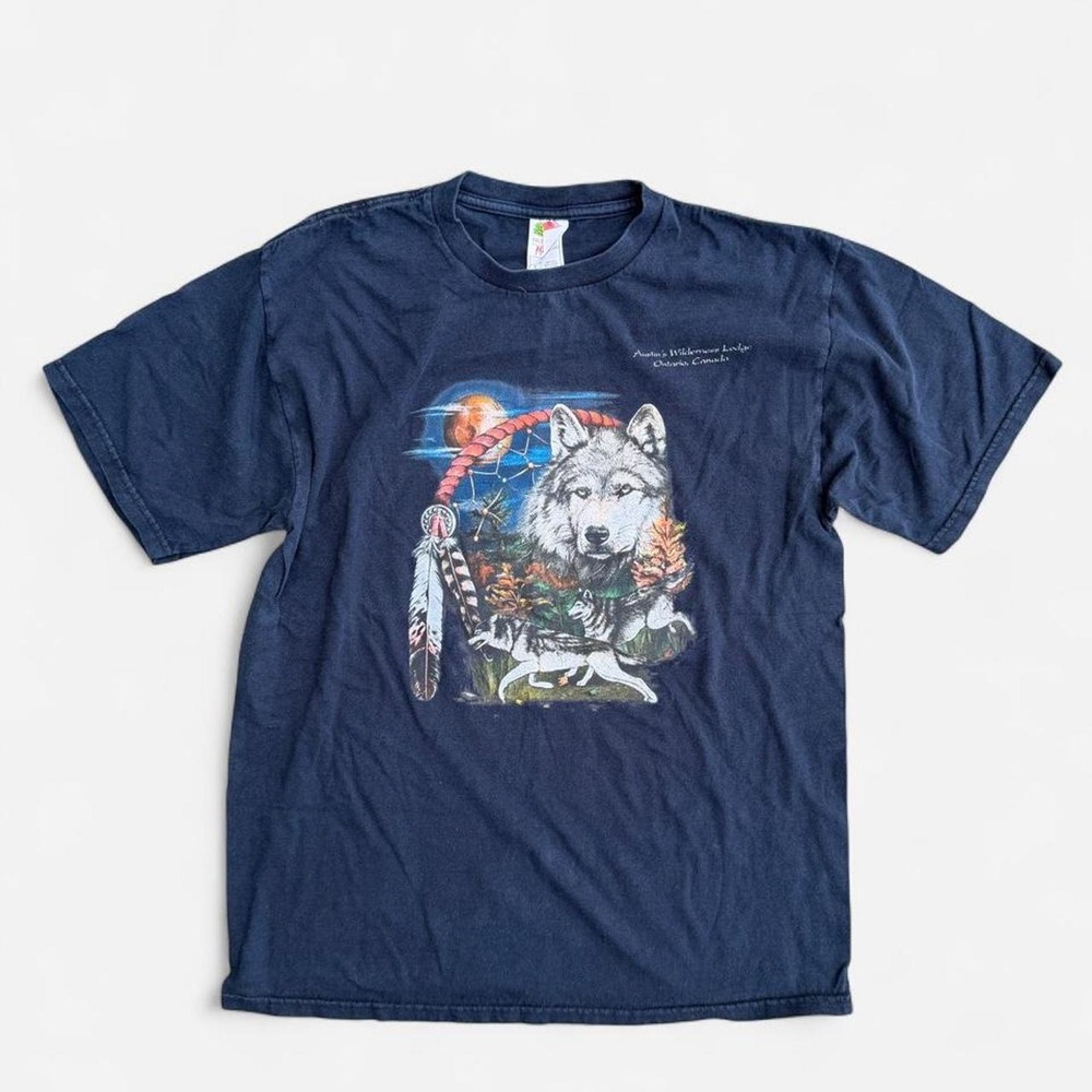 Vintage Fruit of the Loom Wolf Native American Graphic Tee Navy Blue Mens Large